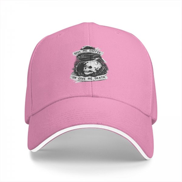 Black baseball cap with 'Give Me Coffee Or Give Me Death' skull graphic