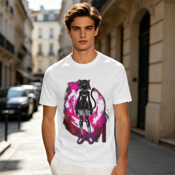 Olive anime cat character graphic t-shirt with pink abstract background