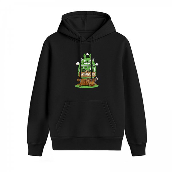 Black hoodie with whimsical green forest creature graphic