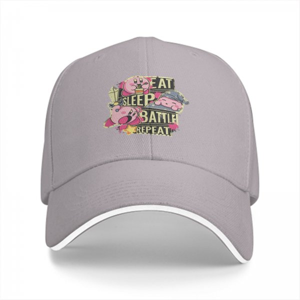 Black baseball cap with Eat Sleep Battle Repeat Kirby graphic
