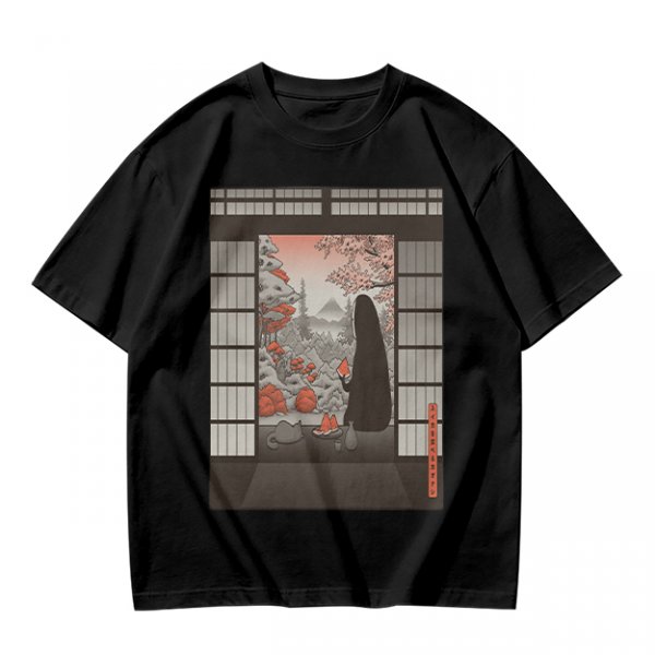 Olive T-Shirt with Japanese Shinto-inspired Window Landscape Print