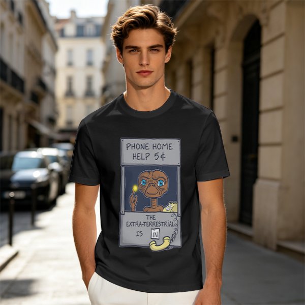 Olive green t-shirt with E.T. phone home graphic print