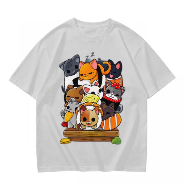 Olive T-Shirt With Cute Sushi Cat Stack Graphic Print