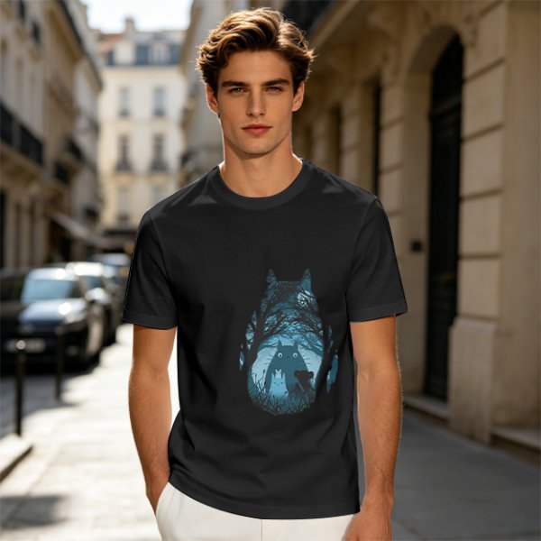 Olive T-shirt with Totoro Forest Silhouette Graphic Print