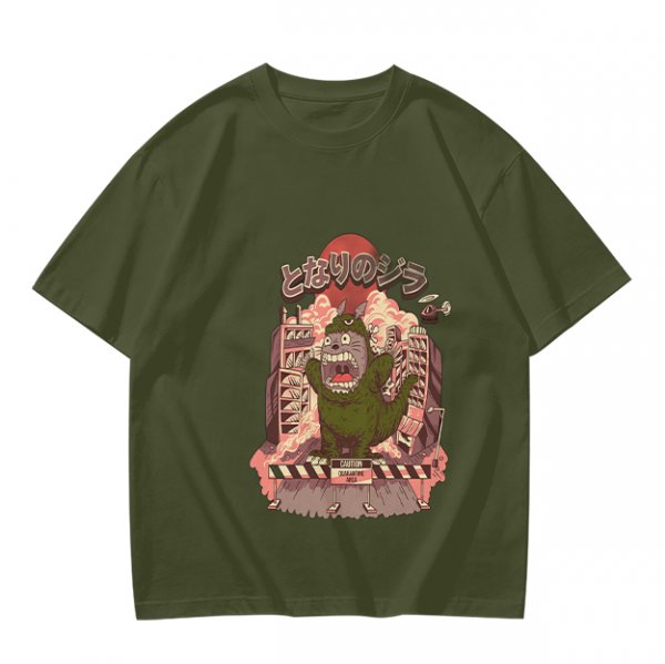 Olive T-shirt with parody monster anime graphic print