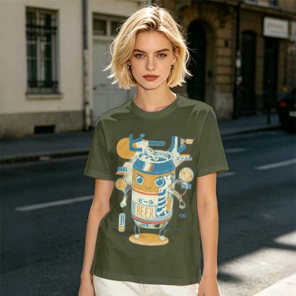 Olive T-Shirt With Kawaii Beer Can Robot Graphic