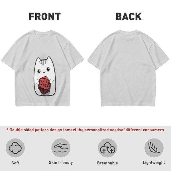 Olive T-Shirt With Cute White Cat Holding D20 Dice Print