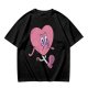 Oversized Olive T-Shirt with Retro Walking Pink Heart Cartoon Graphic