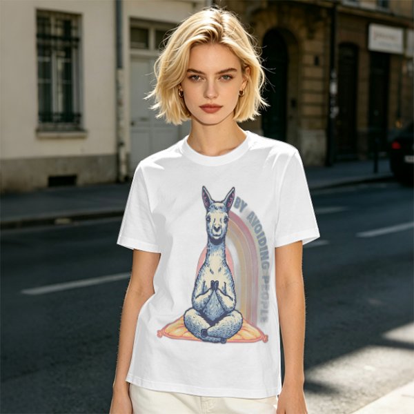 Olive T-Shirt With Meditating Llama Rainbow Graphic