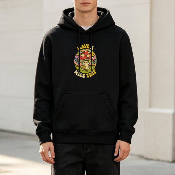 Black hoodie with retro mushroom have a nice trip graphic