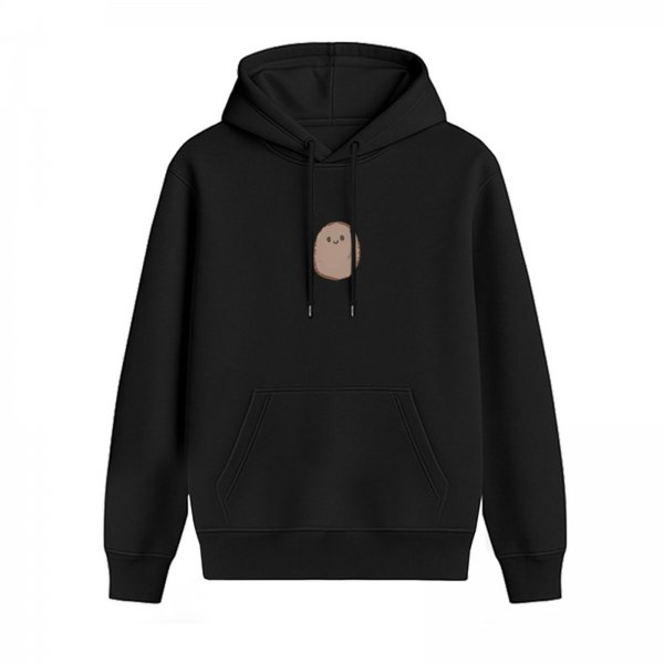 Black hoodie with cute smiling potato graphic print