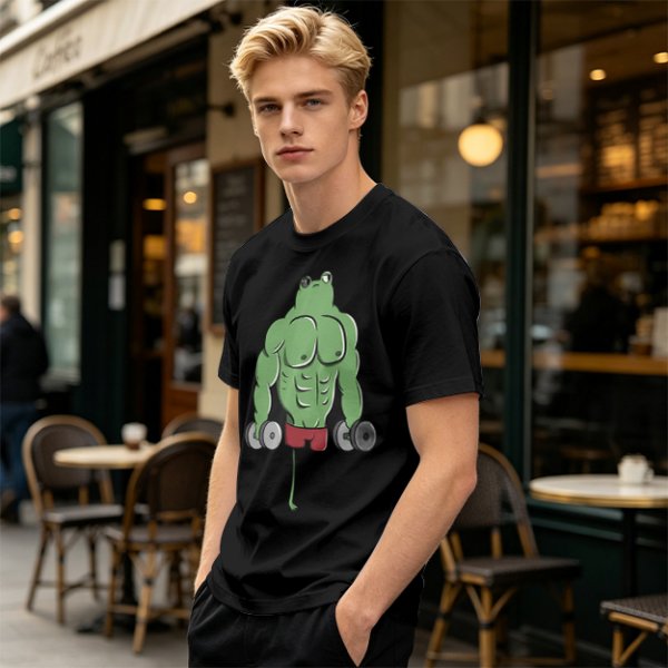Oversized Army Green T-Shirt With Muscular Frog Lifting Dumbbells Print