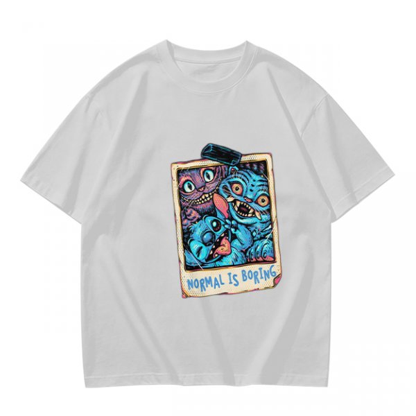 Olive t-shirt with monster polaroid print that says Normal Is Boring