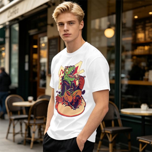 Olive T-Shirt with Cartoon Crocodile Eating Snack Graphic