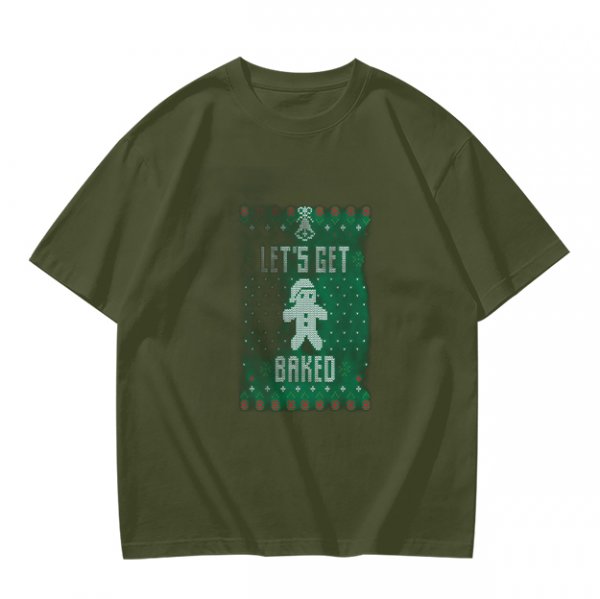 Olive Christmas T-Shirt With 'Let's Get Baked' Gingerbread Man Print
