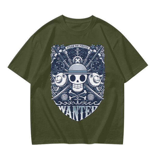 Olive T-shirt with Straw Hat Pirates Wanted Pirate Emblem Print