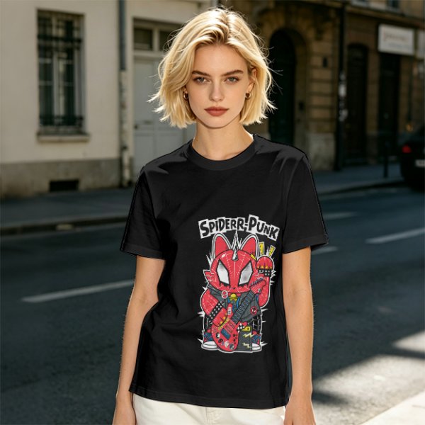 Olive T-shirt with Spider-Punk Cat Playing Guitar Graphic