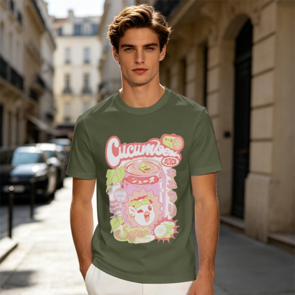 Olive green graphic t-shirt with cucumber juice themed print
