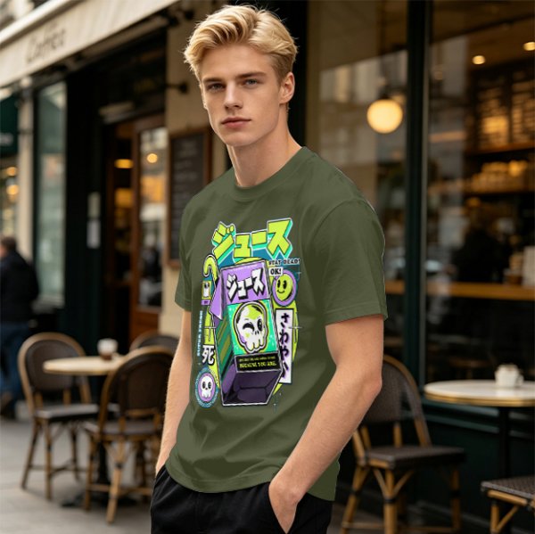 Olive T-shirt with spooky juice box graphic and playful skull art