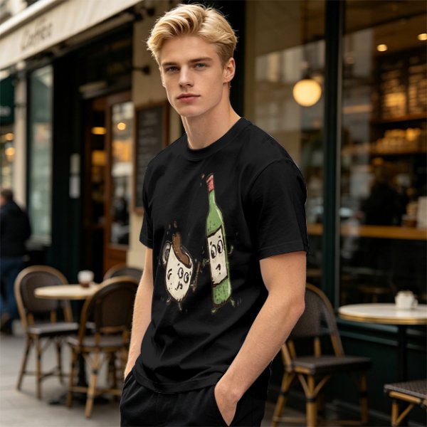 Olive T-Shirt With Cartoon Coffee Mug And Wine Bottle Print