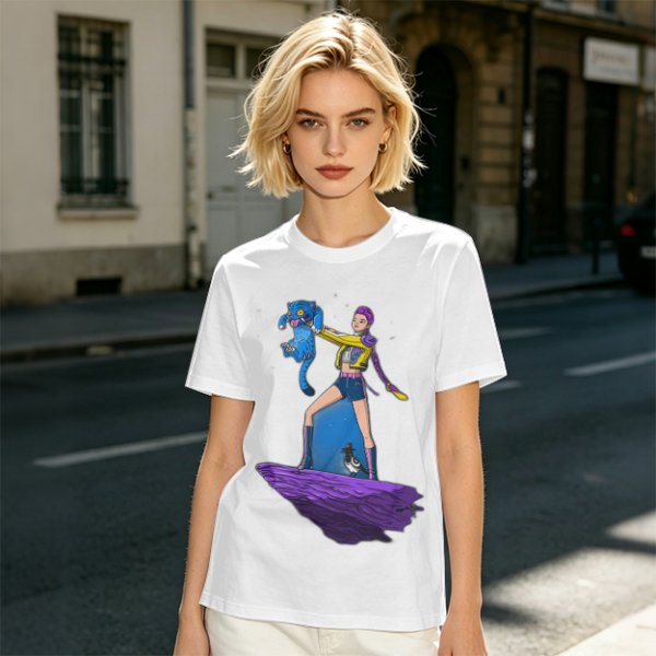 Olive T-shirt with Art Print of Girl Holding Blue Creature on Floating Rock
