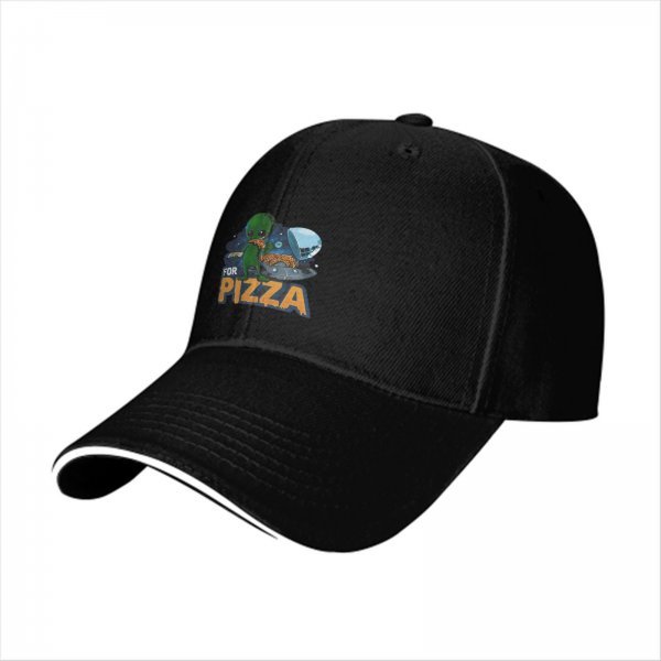 Black baseball cap with alien eating pizza and 'FOR PIZZA' text