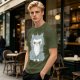 Olive T-shirt with Grumpy Fluffy Gray Cat Graphic Print