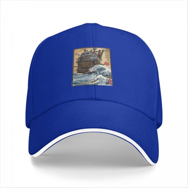 Black Baseball Cap with Japanese Wave and Ship Art Print