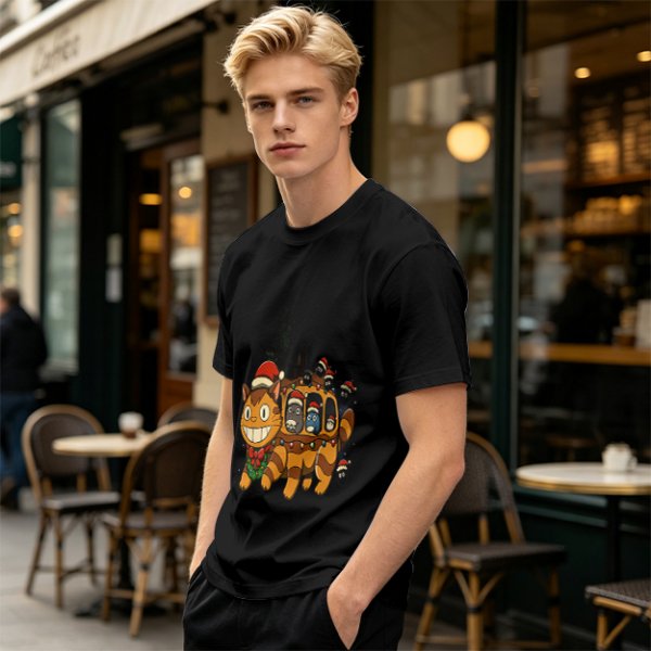 Christmas Catbus T-Shirt with Festive Spirited Away Characters