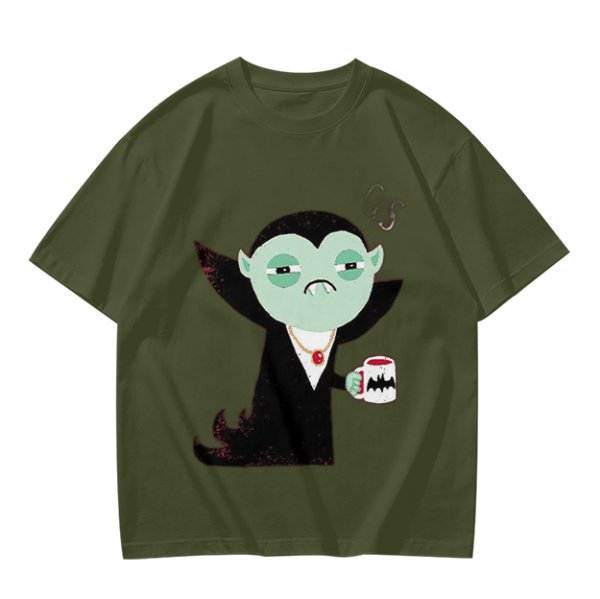 Olive T-Shirt With Tired Vampire Holding Bat Mug Graphic