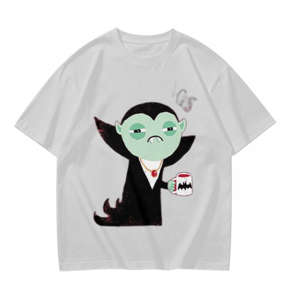Olive T-Shirt With Tired Vampire Holding Bat Mug Graphic