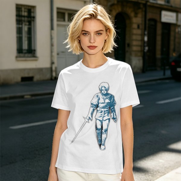 Olive T-shirt with Walking Swordsman Graphic Print