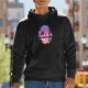 Black hoodie with colorful fantasy creature and traveler silhouette print