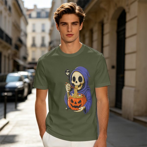 Grim Reaper Eating Ramen from Jack-o'-lantern Pumpkin Bowl T-Shirt