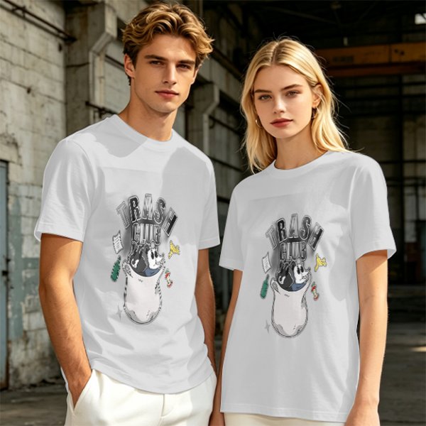 Olive graphic t-shirt with Trash Club raccoon and panda in trash can print