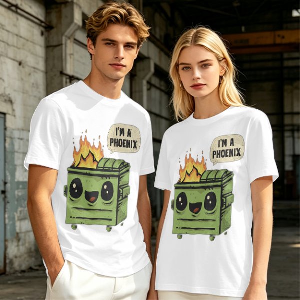 Olive green t-shirt with a cartoon dumpster on fire saying I'm a phoenix