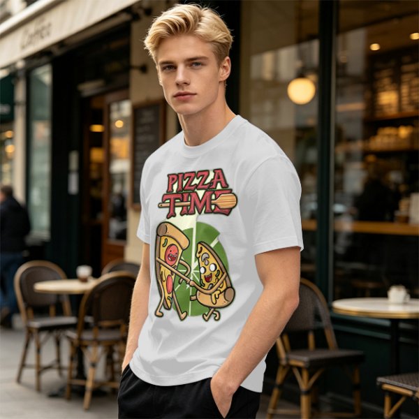 Olive green pizza graphic t-shirt with playful pizza slice characters