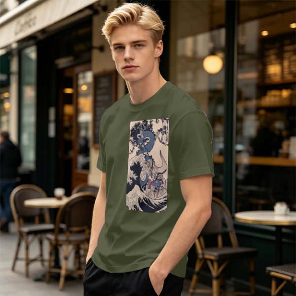Olive T-Shirt with Japanese Ukiyo-e Dragon and Wave Print