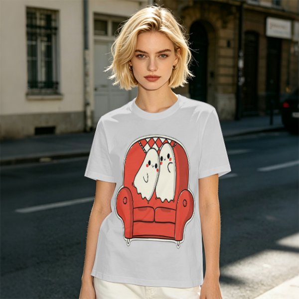 Olive T-Shirt with Cute Ghosts on Red Armchair Graphic