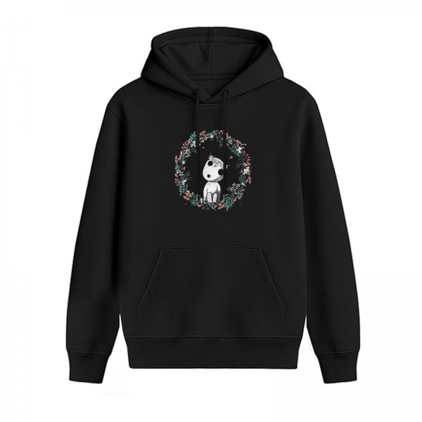 Black hoodie with Kodama tree spirit in floral wreath print