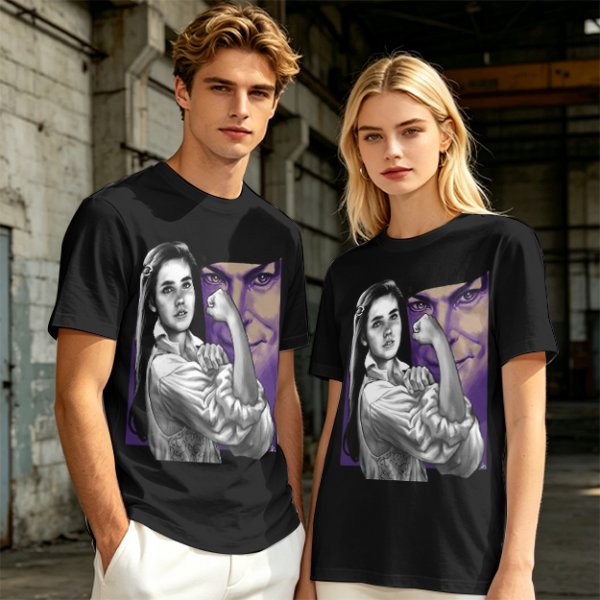 Olive T-shirt with vintage woman flexing arm graphic print