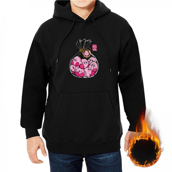 Black hoodie with a drawstring bag full of pink Kirby characters
