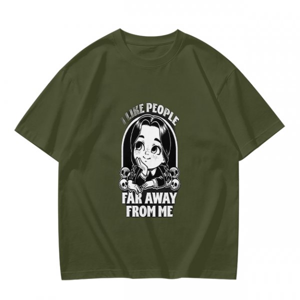 Olive t-shirt with Wednesday Addams 'I Like People Far Away From Me' print