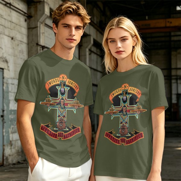 Olive graphic t-shirt with swords n sorcery appetite for sacrifice cross design