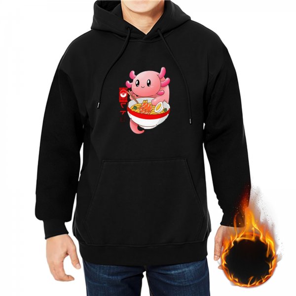 Black hoodie featuring a cute axolotl eating ramen bowl design