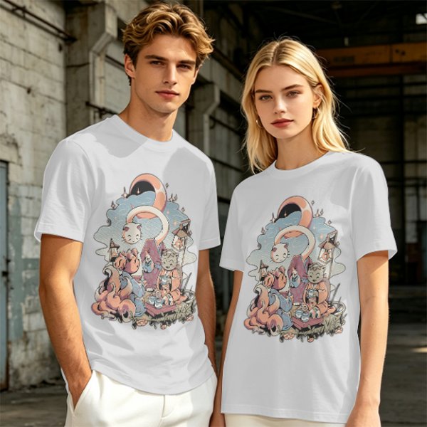 Olive T-Shirt With Whimsical Cat Crescent Moon Artwork