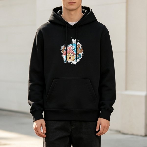 Black hoodie with Tony Tony Chopper watercolor style anime print