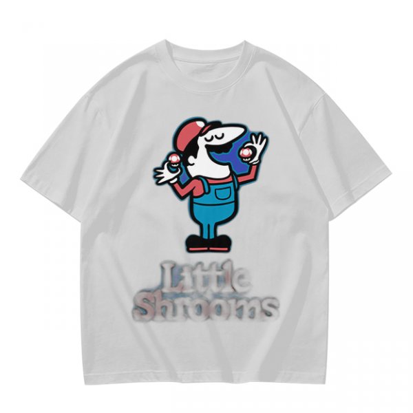 Olive T-shirt with Cartoon Character Holding Mushrooms Print