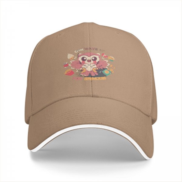Black baseball cap with cute owl 'Owlways for snacks' print