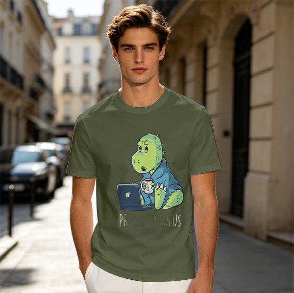 Olive t-shirt with a cartoon dinosaur working on laptop holding coffee
